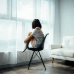 femme assise près d'une fenêtre, regard pensif, illustrant la dépression parentale